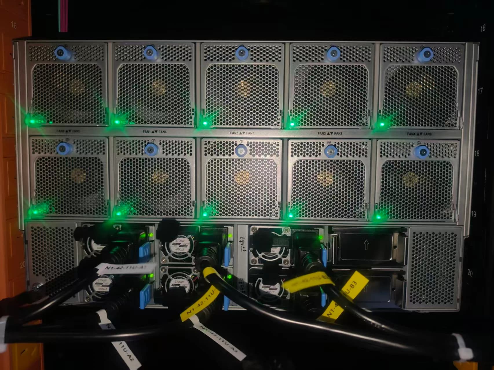 Cooling and power view of a multi-GPU server system